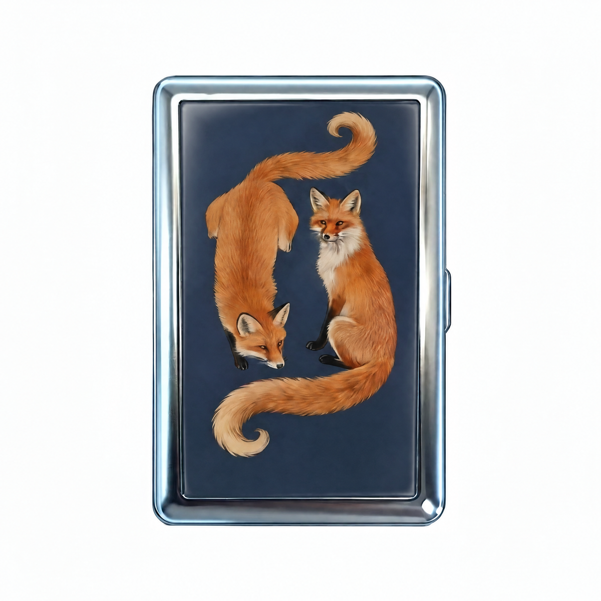 Up To Something tin cardholder wallet, closed, printed with two foxes mid scheme on a navy ground.