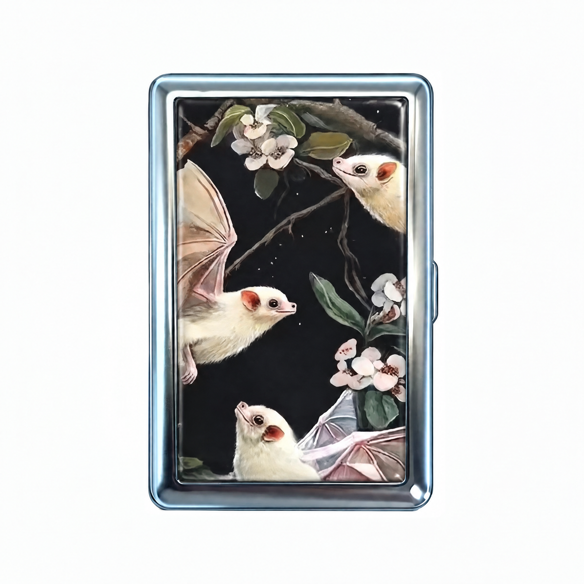 Upside Down tin cardholder wallet, closed, printed with white bats hanging upside down in blossom.