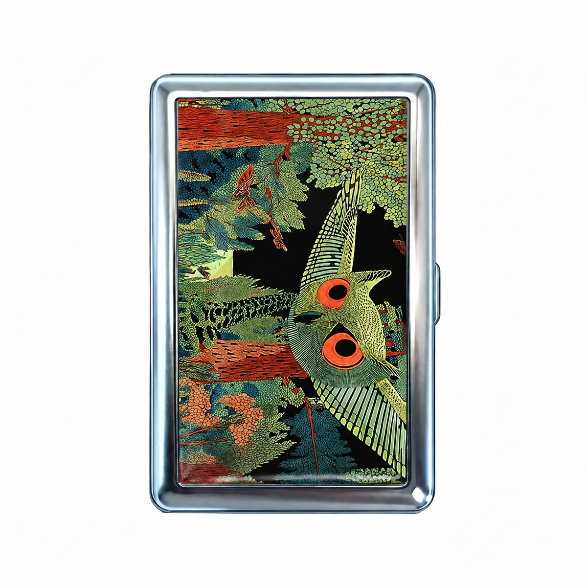 Wide Awake tin cardholder wallet, closed, printed with a stylised owl staring out with two red eyes.